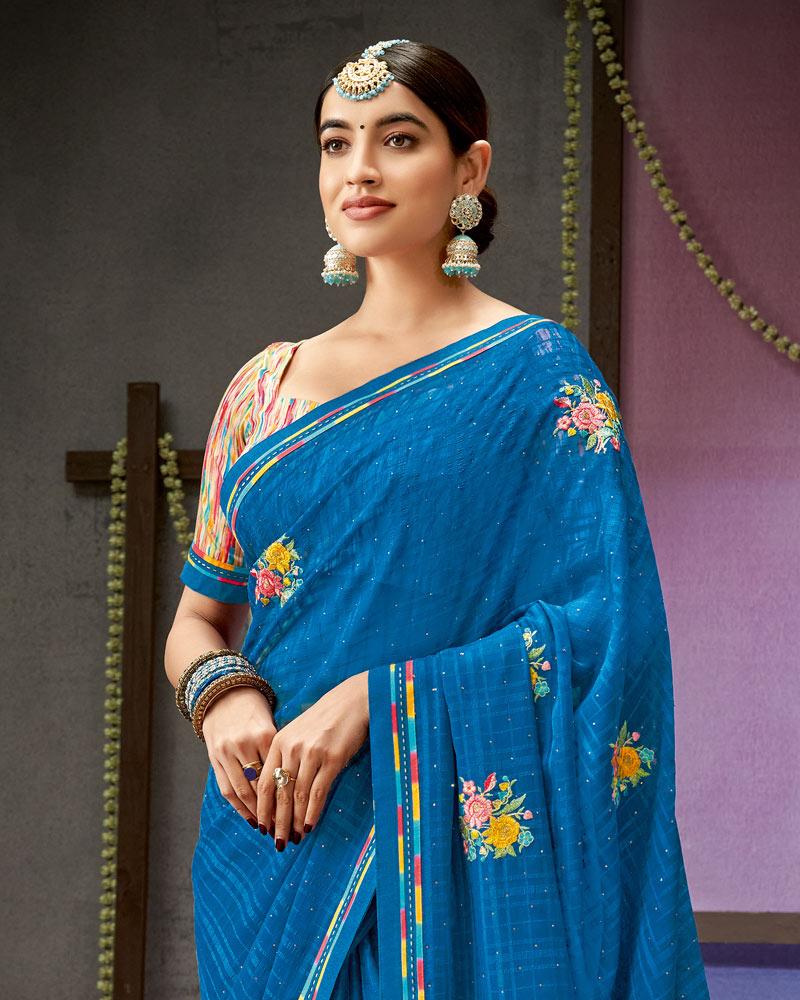 Vishal Prints Orient Blue Designer Patterned Chiffon Saree With Embroidery Work And Fancy Border