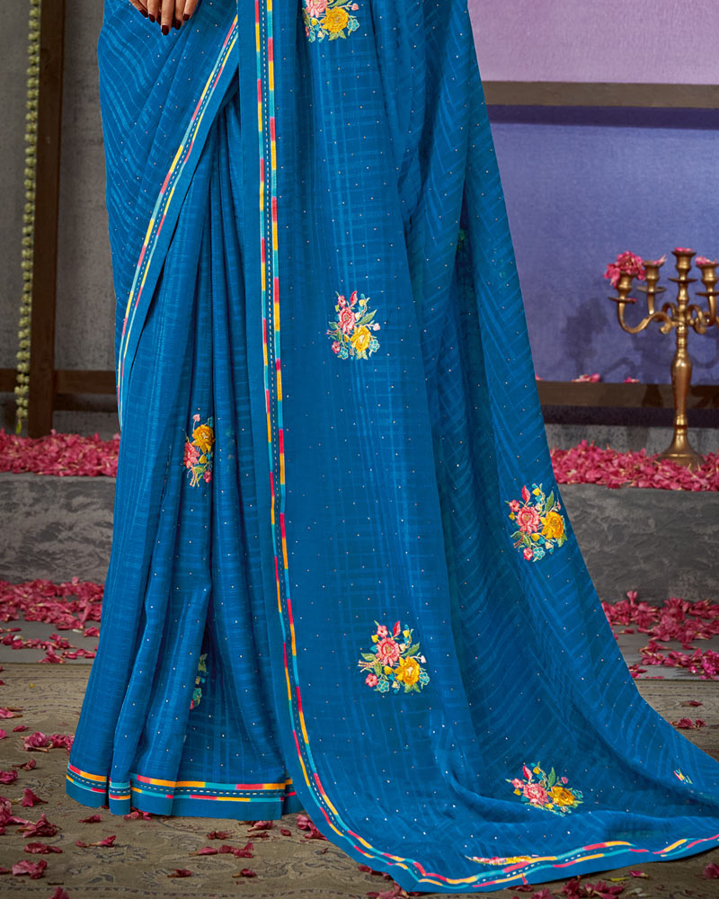 Vishal Prints Orient Blue Designer Patterned Chiffon Saree With Embroidery Work And Fancy Border