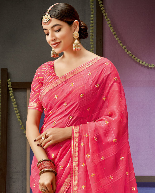 Vishal Prints Froly Pink Designer Patterned Chiffon Saree With Embroidery Work And Fancy Border