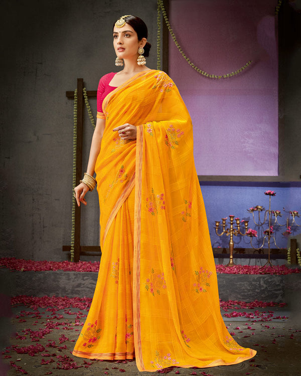 Vishal Prints Dark Yellow Designer Patterned Chiffon Saree With Embroidery Work And Fancy Border