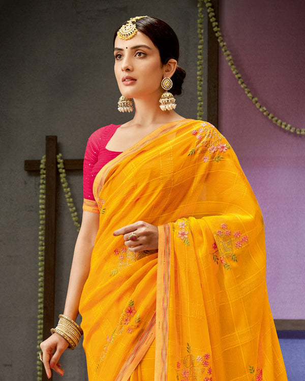 Vishal Prints Dark Yellow Designer Patterned Chiffon Saree With Embroidery Work And Fancy Border