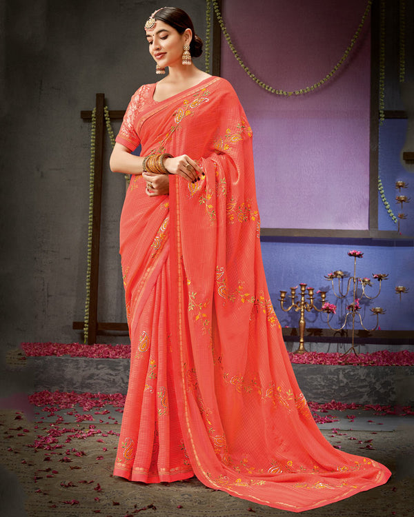 Vishal Prints Coral Designer Patterned Chiffon Saree With Embroidery Work And Fancy Border