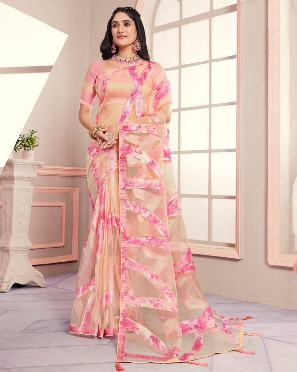 Vishal Prints Royal Pink Tissue Brasso Designer Digital Print Saree With Tassel And Core Piping