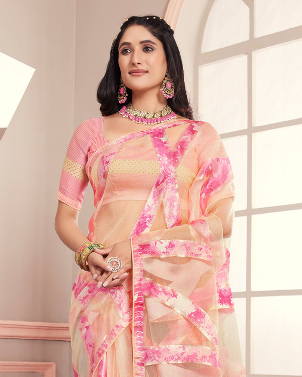 Vishal Prints Royal Pink Tissue Brasso Designer Digital Print Saree With Tassel And Core Piping