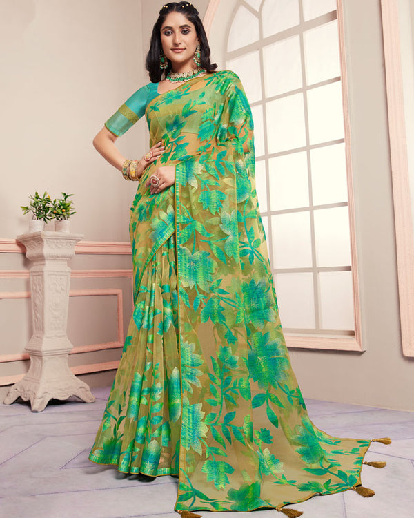 Vishal Prints Meadow Green Tissue Brasso Designer Digital Print Saree With Tassel And Core Piping