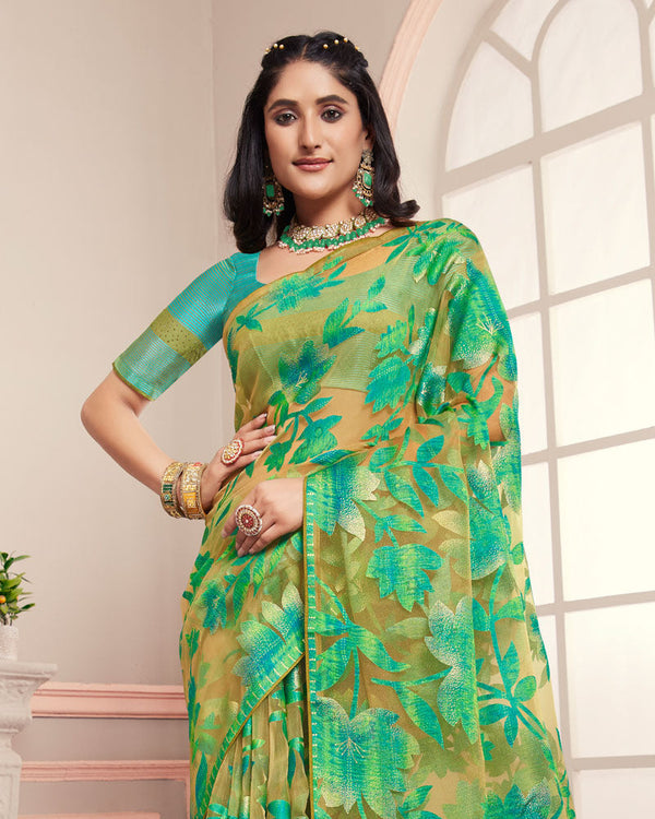 Vishal Prints Meadow Green Tissue Brasso Designer Digital Print Saree With Tassel And Core Piping