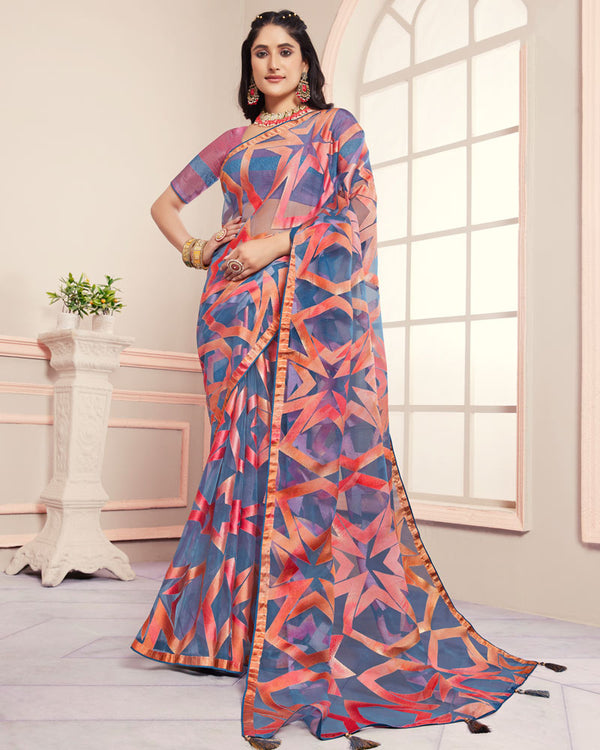 Vishal Prints Blue Bayoux Tissue Brasso Designer Digital Print Saree With Tassel And Core Piping