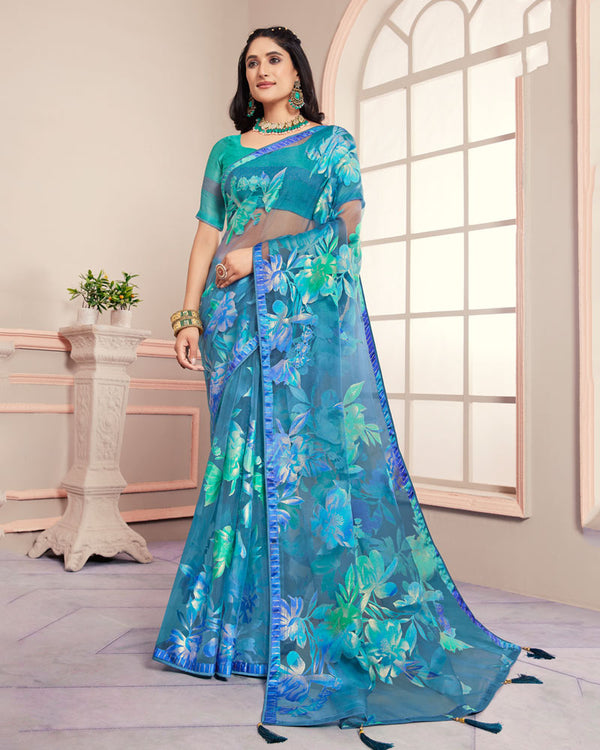 Vishal Prints Steel Blue Tissue Brasso Designer Digital Print Saree With Tassel And Core Piping