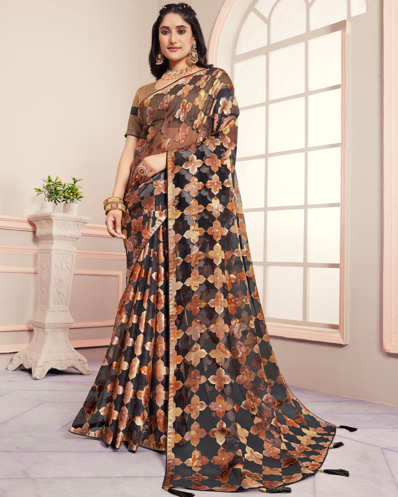 Vishal Prints Black Tissue Brasso Designer Digital Print Saree With Tassel And Core Piping