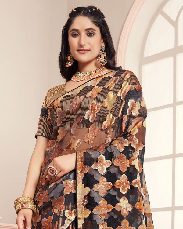 Vishal Prints Black Tissue Brasso Designer Digital Print Saree With Tassel And Core Piping