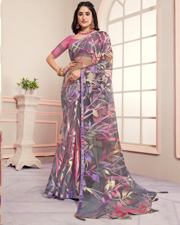 Vishal Prints Gravel Grey Tissue Brasso Designer Digital Print Saree With Tassel And Core Piping