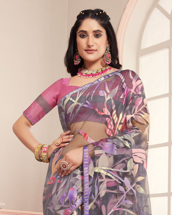 Vishal Prints Gravel Grey Tissue Brasso Designer Digital Print Saree With Tassel And Core Piping