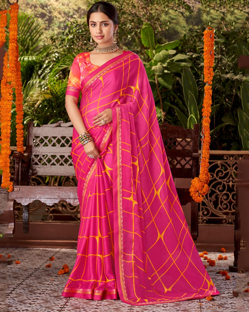 Vishal Prints Dark Pink Printed Fancy Chiffon Saree With Border