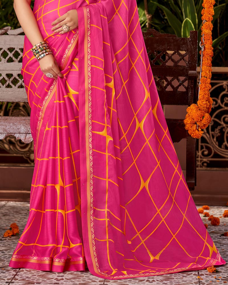 Vishal Prints Dark Pink Printed Fancy Chiffon Saree With Border