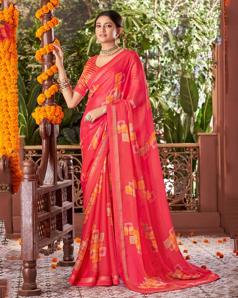 Vishal Prints Mandy Pink Printed Fancy Chiffon Saree With Border