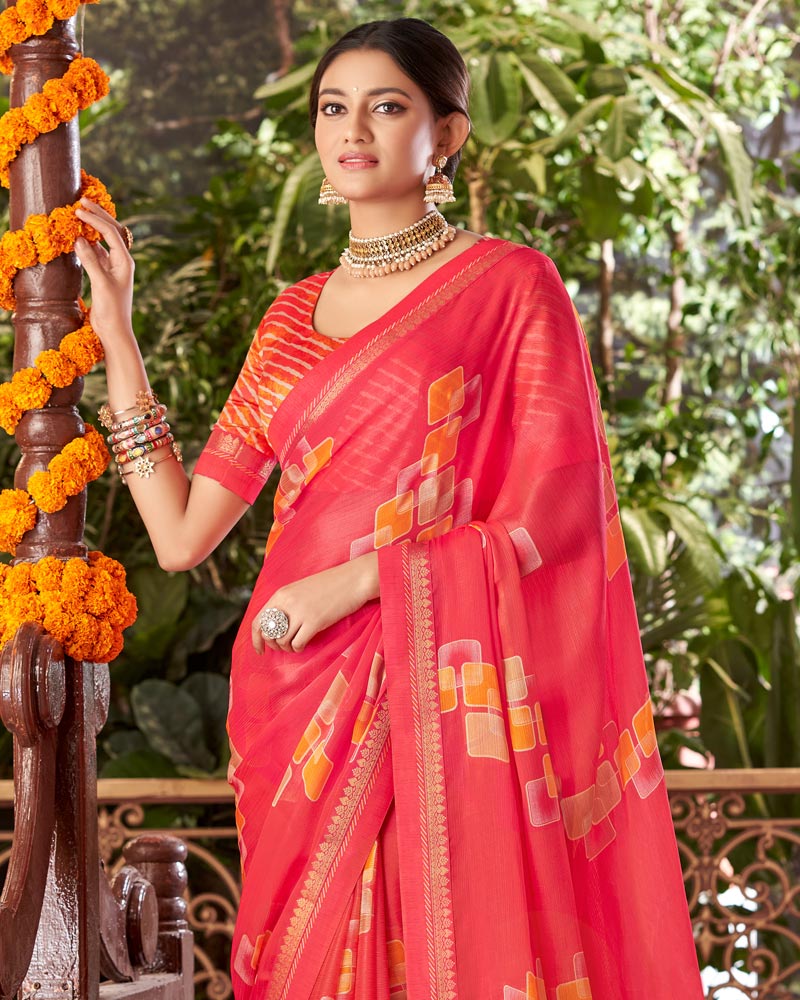 Vishal Prints Mandy Pink Printed Fancy Chiffon Saree With Border