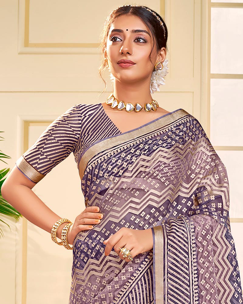 Vishal Prints Lavender Tissue Brasso Saree With Tassel