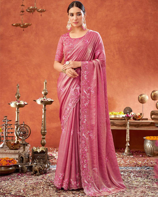 Vishal Prints Blush Pink Designer Fancy Satin Saree With Embroidery-Swarovski Work And Cut Work Border