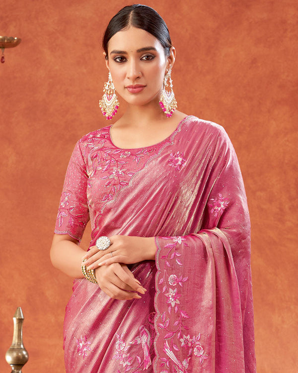 Vishal Prints Blush Pink Designer Fancy Satin Saree With Embroidery-Swarovski Work And Cut Work Border