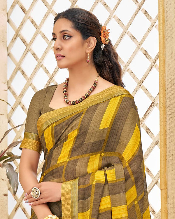 Vishal Prints Yellow And Mustard Brown Printed Georgette Saree With Border