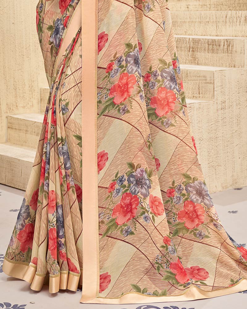 Vishal Prints Beige Printed Georgette Saree With Border