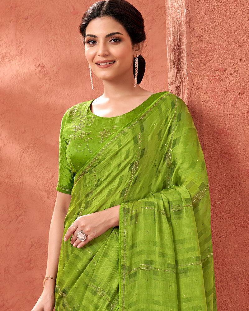 Vishal Prints Olive Green Designer Fancy Chiffon Saree With Diamond Work And Core Piping