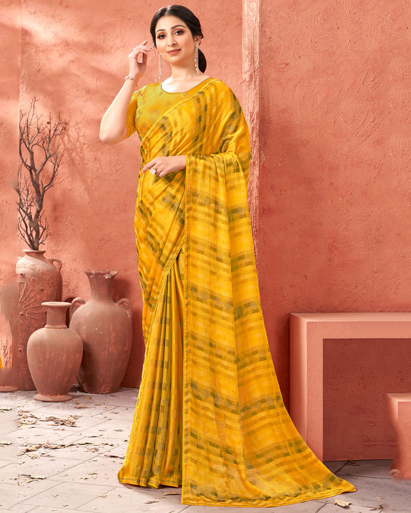 Vishal Prints Mustard Designer Fancy Chiffon Saree With Diamond Work And Core Piping