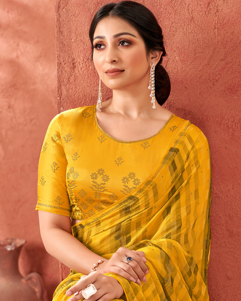 Vishal Prints Mustard Designer Fancy Chiffon Saree With Diamond Work And Core Piping