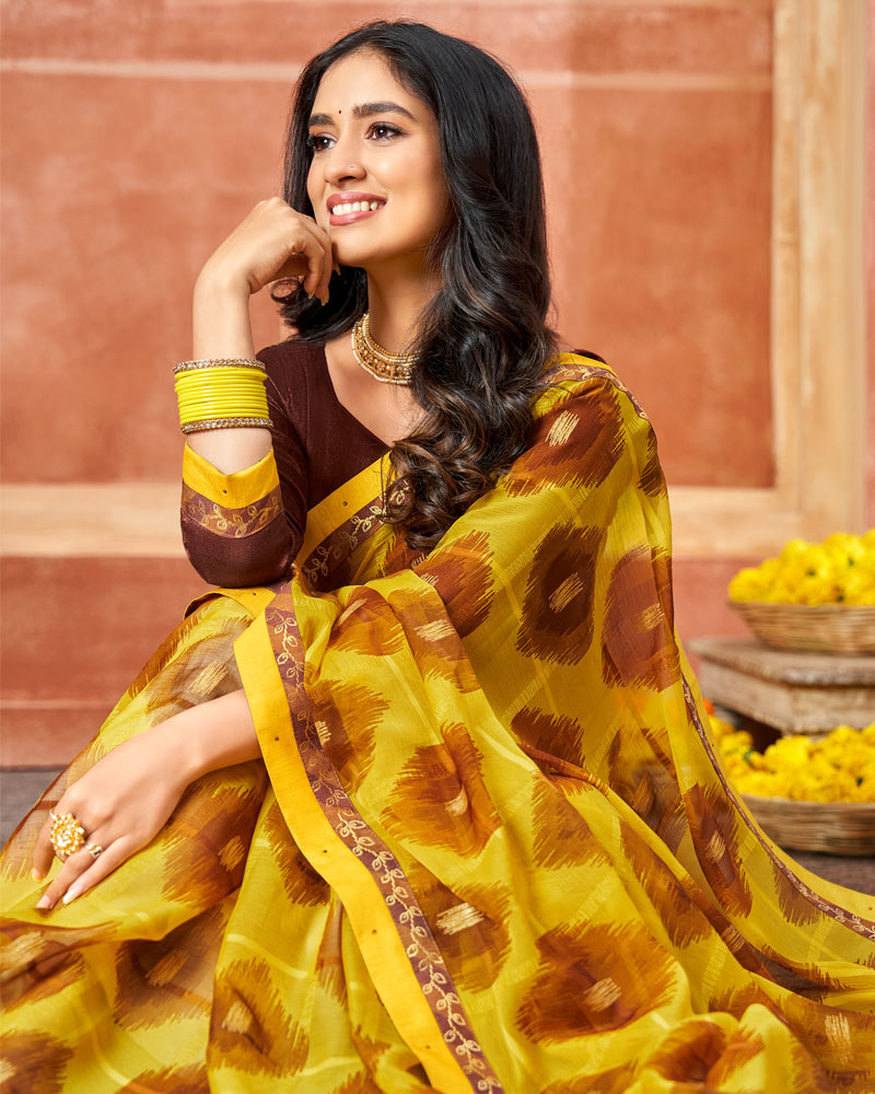 Vishal Prints Yellow Printed Chiffon Saree With Foil Print And Fancy Border