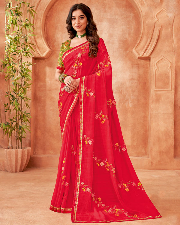 Vishal Prints Cherry Red Designer Patterned Chiffon Saree With Embroidery-Diamond Work And Fancy Border