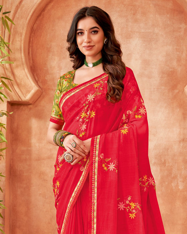 Vishal Prints Cherry Red Designer Patterned Chiffon Saree With Embroidery-Diamond Work And Fancy Border