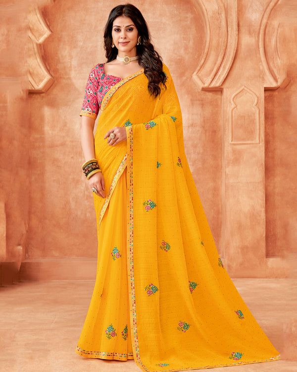 Vishal Prints Golden Yellow Designer Patterned Chiffon Saree With Embroidery-Diamond Work And Fancy Border