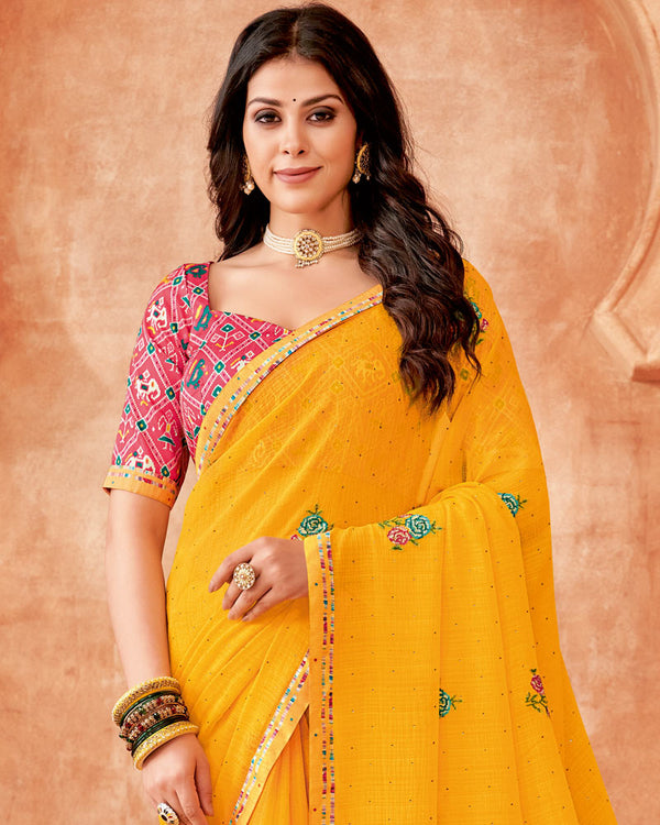 Vishal Prints Golden Yellow Designer Patterned Chiffon Saree With Embroidery-Diamond Work And Fancy Border