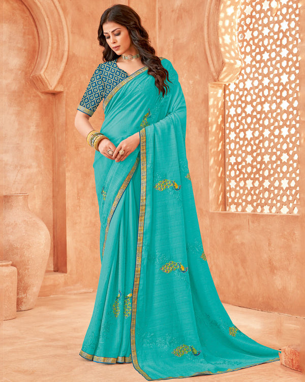 Vishal Prints Dark Turquoise Blue Designer Patterned Chiffon Saree With Embroidery-Diamond Work And Fancy Border