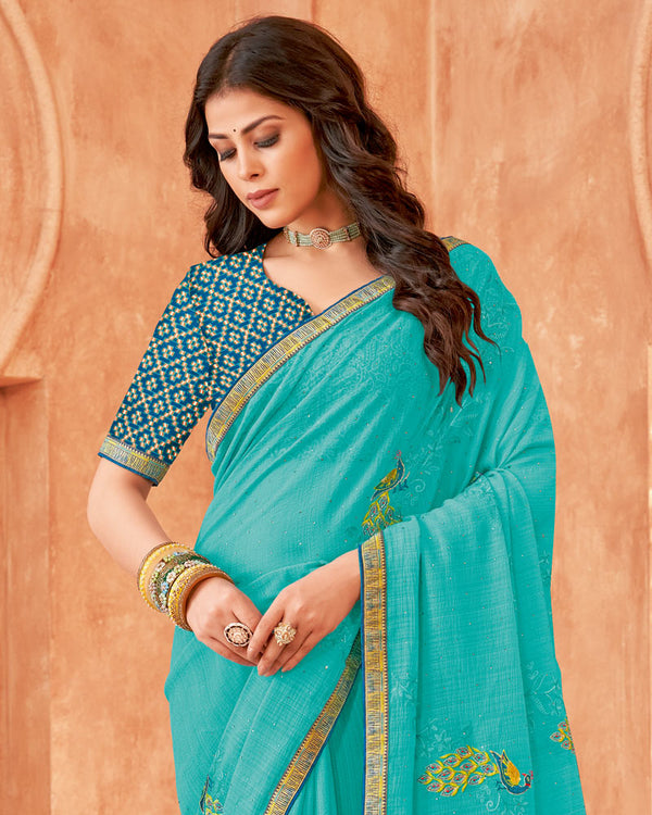 Vishal Prints Dark Turquoise Blue Designer Patterned Chiffon Saree With Embroidery-Diamond Work And Fancy Border