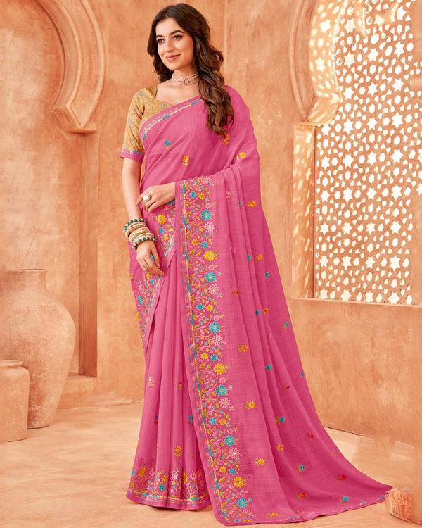 Vishal Prints Pink Designer Patterned Chiffon Saree With Embroidery-Diamond Work And Fancy Border