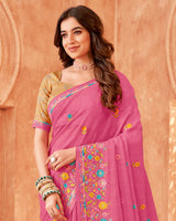 Vishal Prints Pink Designer Patterned Chiffon Saree With Embroidery-Diamond Work And Fancy Border