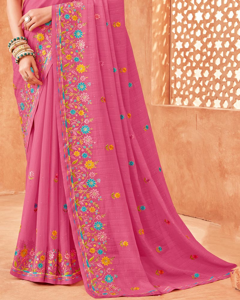 Vishal Prints Pink Designer Patterned Chiffon Saree With Embroidery-Diamond Work And Fancy Border