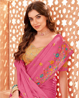 Vishal Prints Pink Designer Patterned Chiffon Saree With Embroidery-Diamond Work And Fancy Border