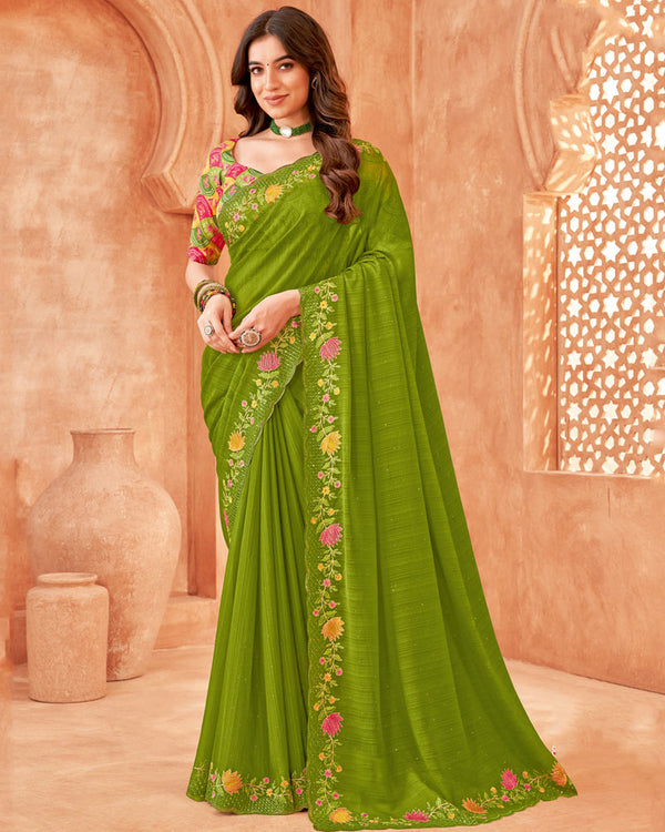 Vishal Prints Mehandi Green Designer Patterned Chiffon Saree With Embroidery-Diamond Work And Cut Work Border