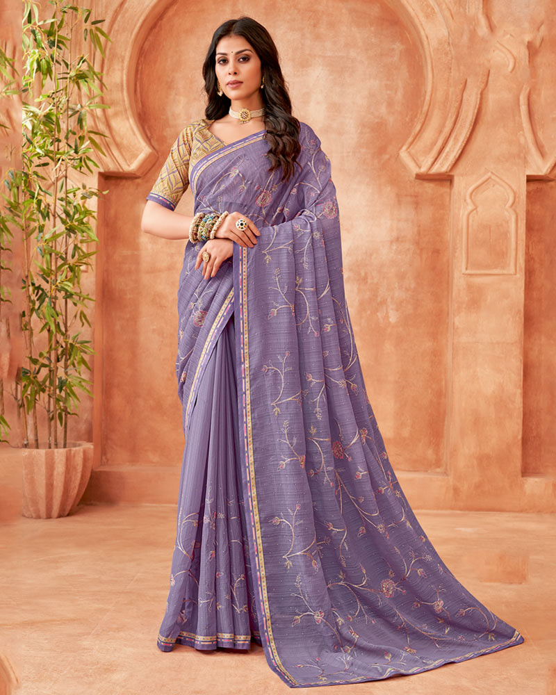 Vishal Prints Rum Violet Designer Patterned Chiffon Saree With Embroidery-Diamond Work And Fancy Border