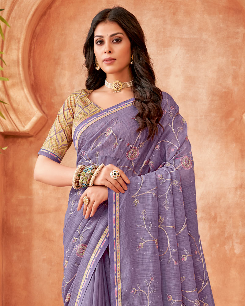 Vishal Prints Rum Violet Designer Patterned Chiffon Saree With Embroidery-Diamond Work And Fancy Border