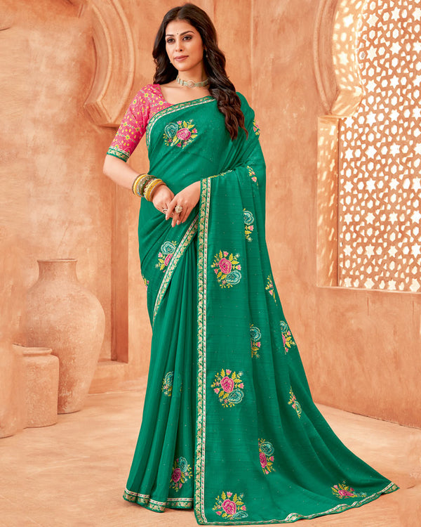 Vishal Prints Dark Sea Green Designer Patterned Chiffon Saree With Embroidery-Diamond Work And Fancy Border