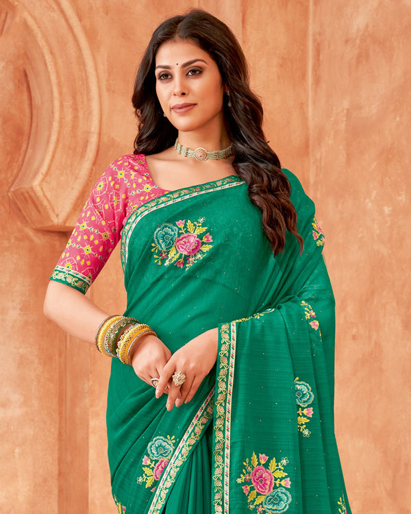 Vishal Prints Dark Sea Green Designer Patterned Chiffon Saree With Embroidery-Diamond Work And Fancy Border