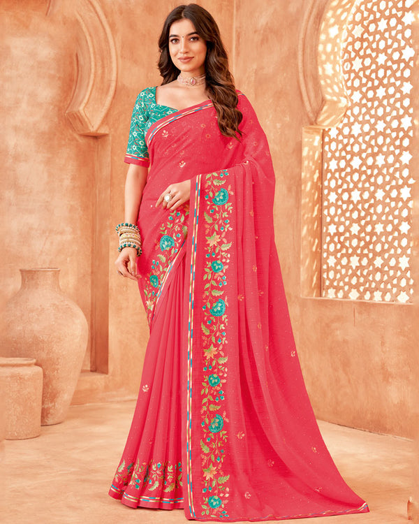 Vishal Prints Mandy Pink Designer Patterned Chiffon Saree With Embroidery-Diamond Work And Fancy Border