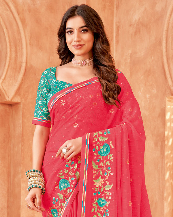 Vishal Prints Mandy Pink Designer Patterned Chiffon Saree With Embroidery-Diamond Work And Fancy Border