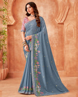 Vishal Prints Pastel Blue Designer Patterned Chiffon Saree With Embroidery-Diamond Work And Fancy Border