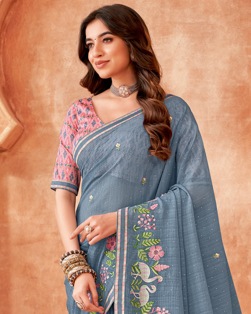 Vishal Prints Pastel Blue Designer Patterned Chiffon Saree With Embroidery-Diamond Work And Fancy Border