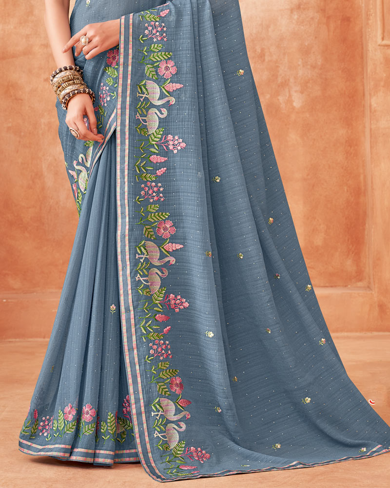 Vishal Prints Pastel Blue Designer Patterned Chiffon Saree With Embroidery-Diamond Work And Fancy Border