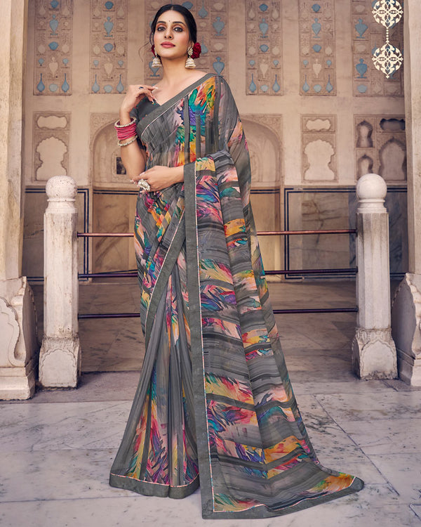 Vishal Prints Dark Grey Digital Print Georgette Saree With Fancy Border